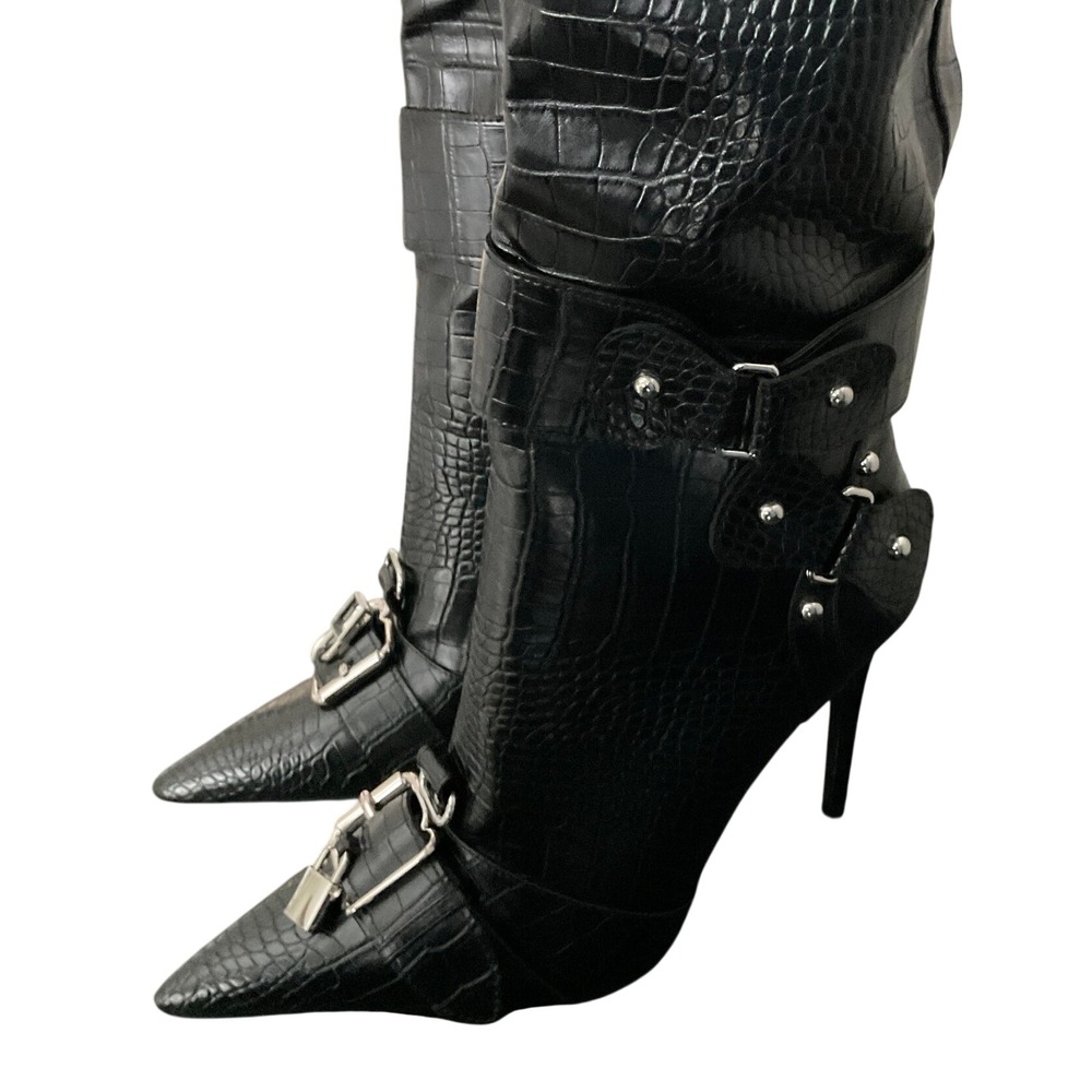 Azalea Wang Black Croc Pointed Toe Buckle Stiletto Knee High Boots Sz 11 - Picture 2 of 16